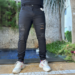 CALÇA Jeans Masculina RASGADA Slim PRETA BARRA FEITA