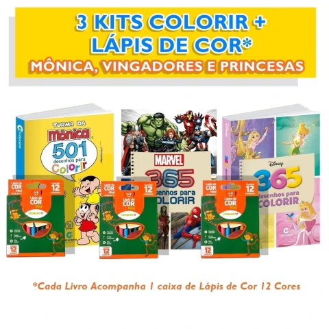 Kit Colorir com Lápis de Cor - Vingadores + Mônica + Disney Princesas