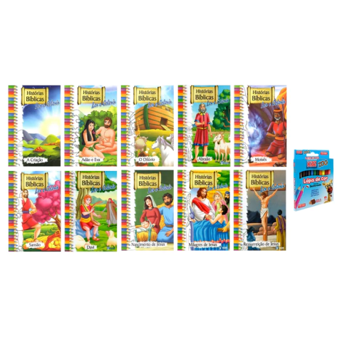 KIT 10 LIVROS - SOLAPA HISTÓRIAS BÍBLICAS PARA LER E COLORIR + CAIXA DE LÁPIS DE COR 12 CORES