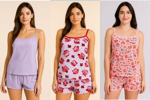 Baby doll feminino regata com shortinho, confeccionado em malha leve e confortável. Ideal para noites de verão ou uso como homewear. Disponível com estampas fofas. Tamanho G.