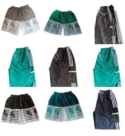 Bermuda masculina em microfibra, leve, confortável e de secagem rápida. Modelos estampados com coqueiros ou lisos com listras laterais. Ideal para praia, piscina, treino ou uso casual. Possui bolsos e ajuste na cintura com cordão. Perfeita para quem busca