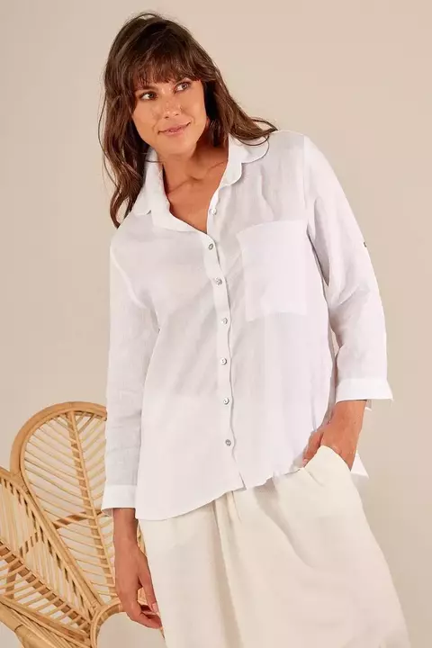 Camisa Linho Cambraia De Gola Redonda Branca - comprar online