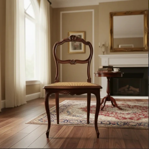SILLA ANTIGUA DE SALA O DORMITORIO EN NOGAL ITALIANO Y ESTERILLA VEGETAL. COD: 105703
