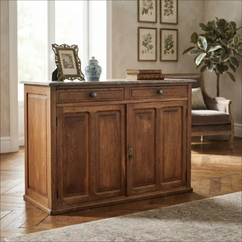 MUEBLE BAJO APARADOR DE ROBLE CON TAPA DE MARMOLO ITALIANO ROSSO LEVANTE. COD: 107714