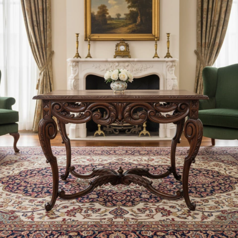 MESA DE SALA ANTIGUA ESTILO COLONIAL FRANCES EN ROBLE TALLADO PIEZA DE COLECCION. COD: 89445