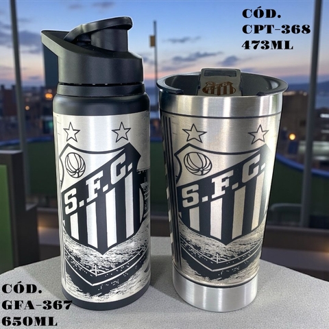 Copo Térmico 473ml Inox e Garrafa Squeeze Alumínio 600ml Santos FC- A Laser