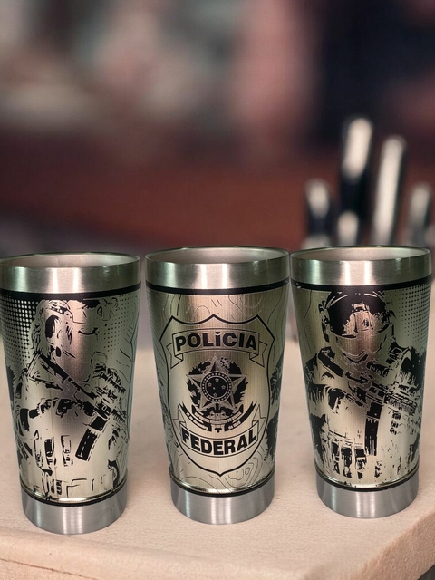 Copo Térmico Inox Personalizado Polícia Federal 473ml- Gravação a Laser com Tampa e Abridor