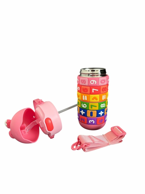 Garrafinha Infantil Didática com Canudo e Alça 430 ML Rosa