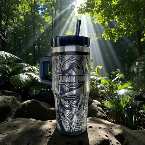 Copo Jurassic Park 420ML Térmico Inox Com Gravação A Laser