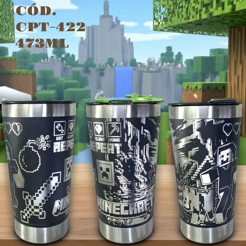 Copo Minecraft Térmico 473ml Inox com Tampa e Abridor