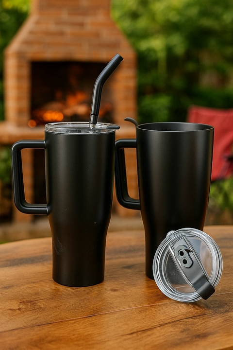 Copo Garrafa Térmico 1200ml com Alça e Canudo de Aço Inox Tampa Acrílico