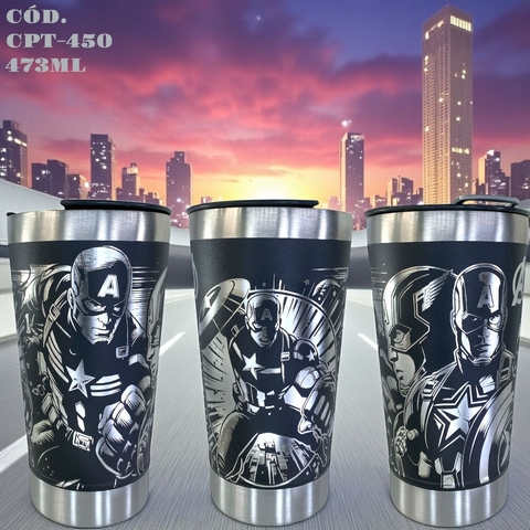 Copo Capitão América Térmico 473ml Inox com Tampa e Abridor