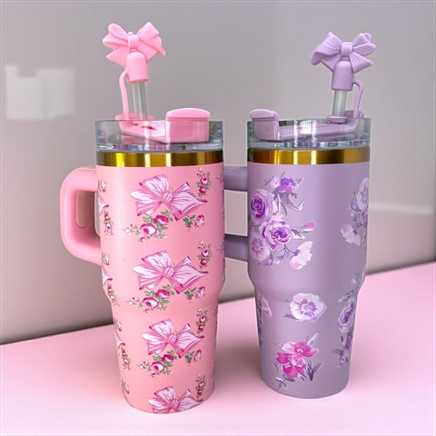 Mini Copo Floral Térmico 420ML Com Alça e Canudo e Protetor de Canudo