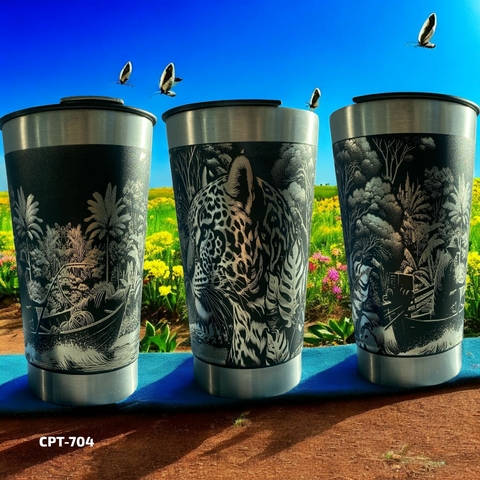 Copo Térmico Personalizado a Laser com Gravação 360º- Onça Pintada 473ml com Tampa e Abridor.