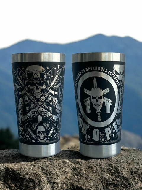 Copo Térmico Inox 473ml - Tema BOPE Forças Especiais com arte gravada Tática- com Tampa e Abridor.
