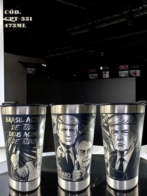 Copo Bolsonaro Térmico 473ML Inox Personalizado a Laser com Tampa e Abridor