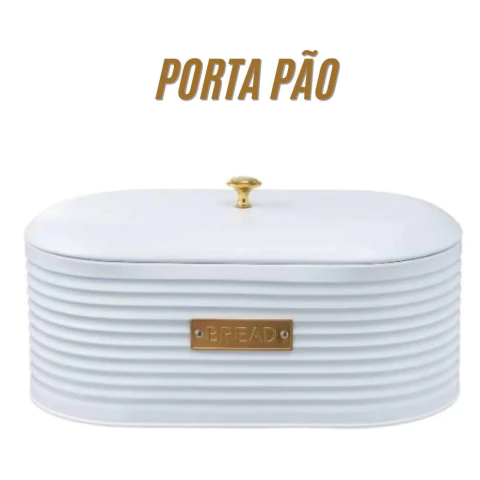 Porta Pão Luxo Lata com Tampa Pote Armazenamento Friso no Metal Branco com Dourado- Mesa Posta