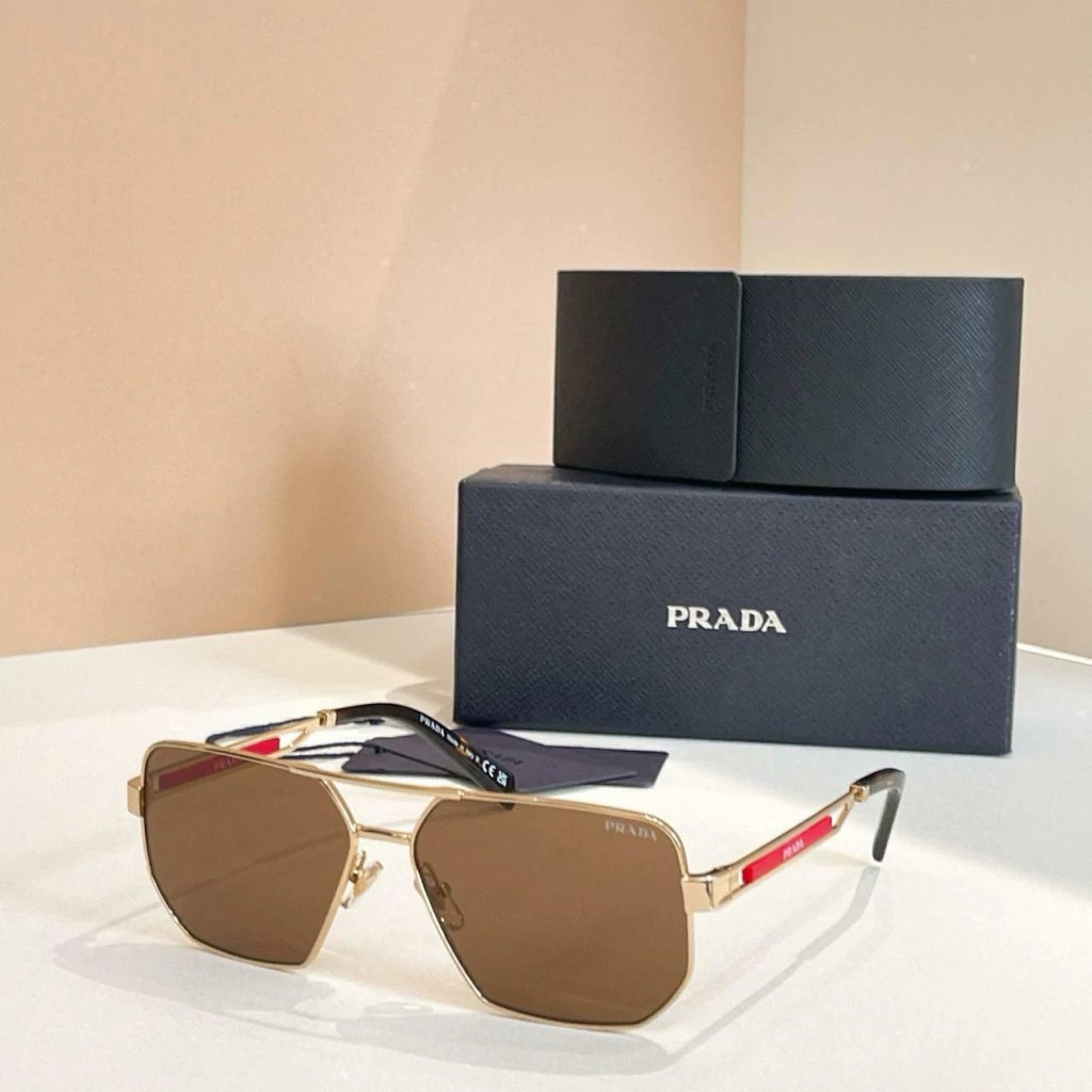 Óculos de Sol Prada Preto Armação Metal Lente Marrom Linha Italiana