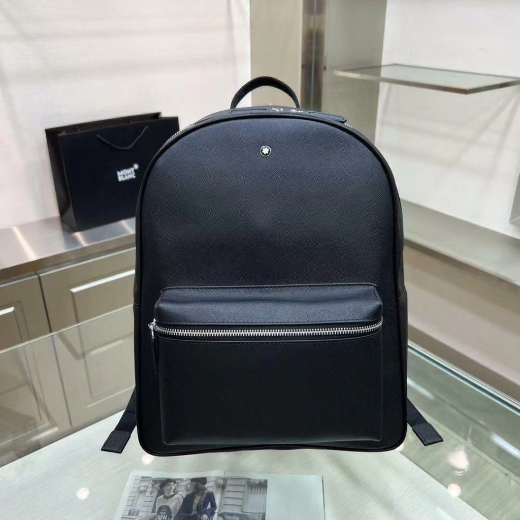 Mochila Executiva Montblanc em Couro Preto Liso Linha Italiana