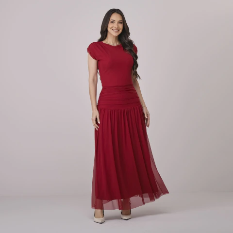 Vestido Longo com Drapeado no Tule Aurora - Tata Martello