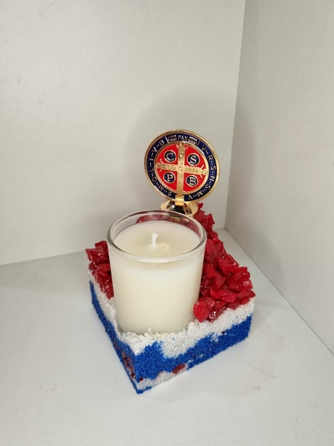 Velas de Pedras com Imagem de Nossa Senhora e da Medalha de São Bento