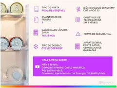 Detalhes técnicos do frigobar Charmoso 76 litros azul retrô, incluindo tipo de porta fixa reversível, capacidade de 76 litros, controle de temperatura em 3 níveis e outras especificações.