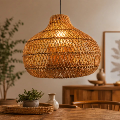 Lustre Pendente Rattan Bambu Para Sala Jantar Luz Natural Modelo Copacabana 42cm