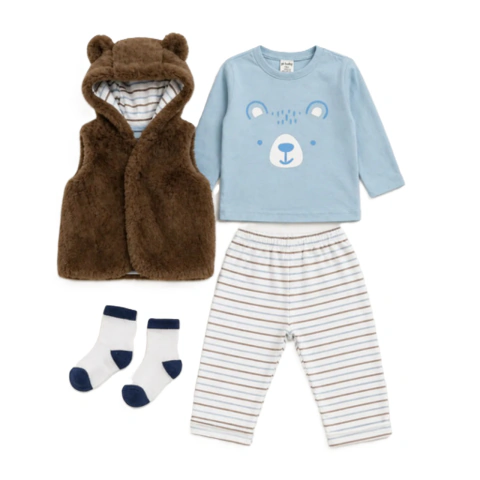 Set Bebe 4 Piezas Chaleco Plush Remera Pant Medias Algodón