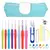 Kit com agulhas de crochê com cabos de borracha colorida. Inclui ganchos de crochê, clipes de costura, agulhas plásticas e tesoura de aço inox.