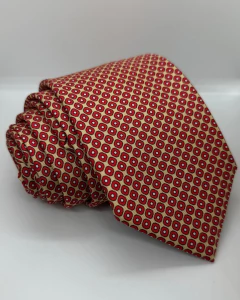 Gravata Masculina de Seda Pura Estampada Bege e Vermelha