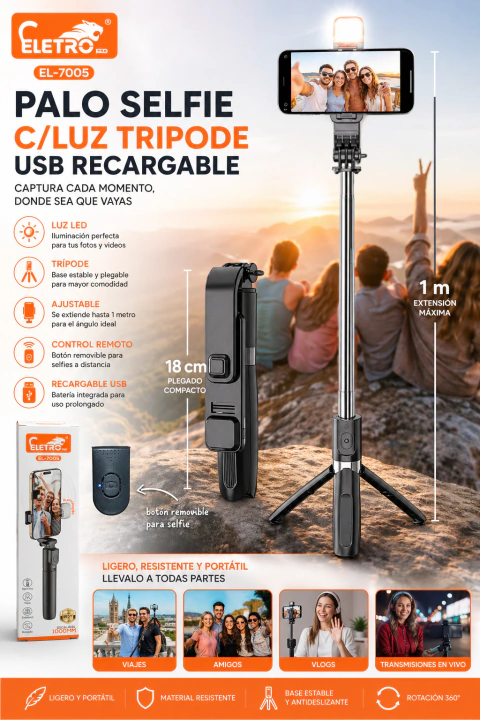 PALO SELFIE C/LUZ TRIPODE USB RECARGABLE