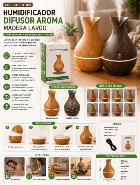 HUMIDIFICADOR DIFUSOR MADERA LARGO