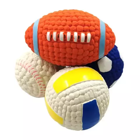 Brinquedo de Látex Natural para Cães – Bola com Som em Formato de Futebol, Vôlei ou Rugby | Ideal para Mastigação e Limpeza dos Dentes