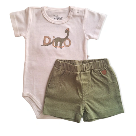 Conjunto Body manga Curta e Bermuda Dino| Verde