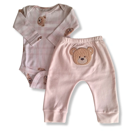 Conjunto Body Manga Longa e Calça Ursinhos | Rosa