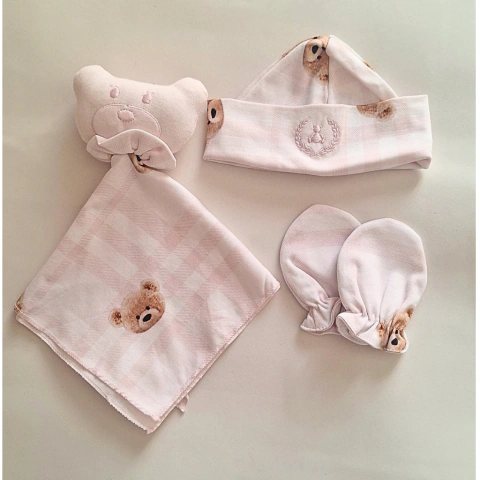 Kit Presente Bebê RN 3 Peças Ursinho Ted | Rosa