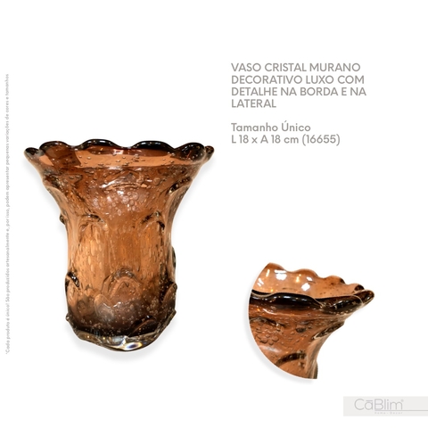 Vaso Cristal Murano Decorativo Luxo com Detalhe na Borda e na Lateral