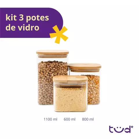 Kit 3 potes de vidro tampa de bambu herméticos quadrados na internet