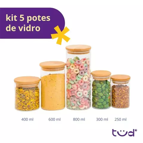 Kit 5 potes de vidro com tampa de bambu herméticos redondos na internet