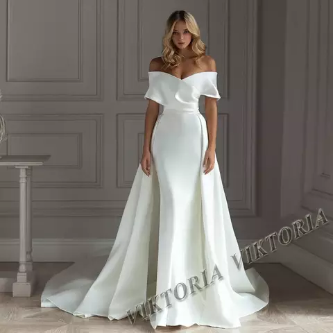 VIKTORIA-vestido de casamento clássico cetim para mulheres, ombro, sereia, vest