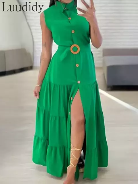 Vestido casual com botão frontal e fenda maxi vestidos franzidos com cinto