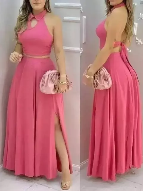 Conjunto feminino rosa de duas peças, gola halter, top curto, saia maxi dividida