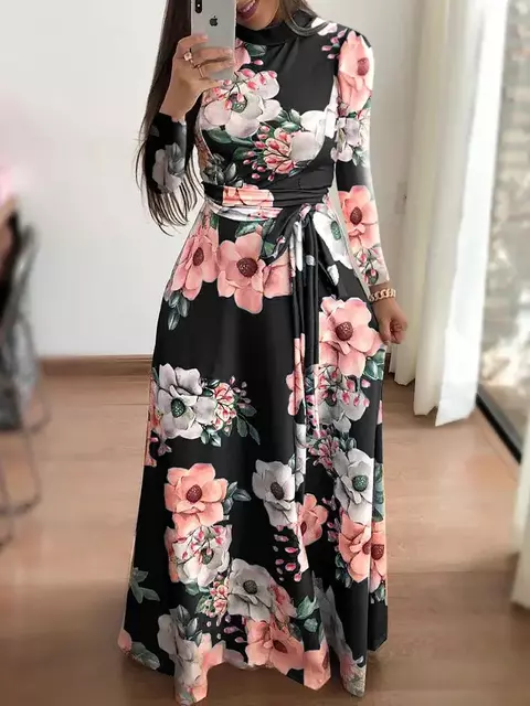 Vestidos finos femininos casuais manga longa em torno do pescoço flor impresso