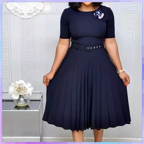 Verão plus size plissado S-5Xl vestido senhoras o-pescoço manga curta sólida