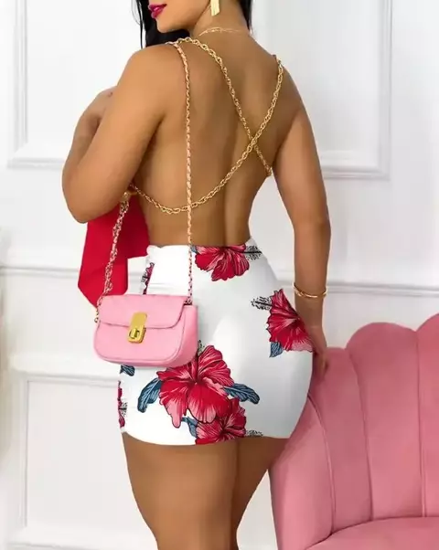 Vestidos femininos 2024 verão moda floral impressão assimétrica corrente cint