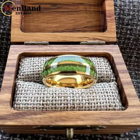 anel MenBand cúpula dupla sulco verde fibra de carbono incrustação