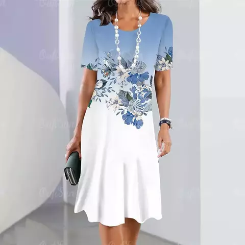 Vestidos femininos elegantes moda feminina manga curta topo casual senhoras solt