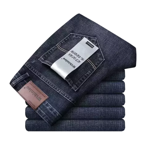 Jeans casual, slim reta, com estiramento, moda clássica. Grif Domo - comprar online