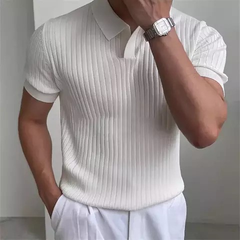 Camiseta de malha canelada, colarinho com nervura, Grif Domo - comprar online