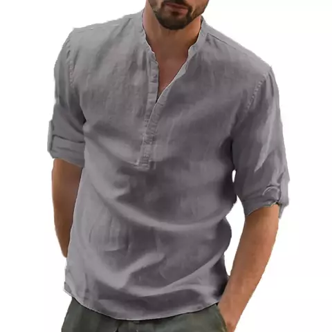 Camisa casual, de linho e algodão, manga longa. Grif Domo - comprar online